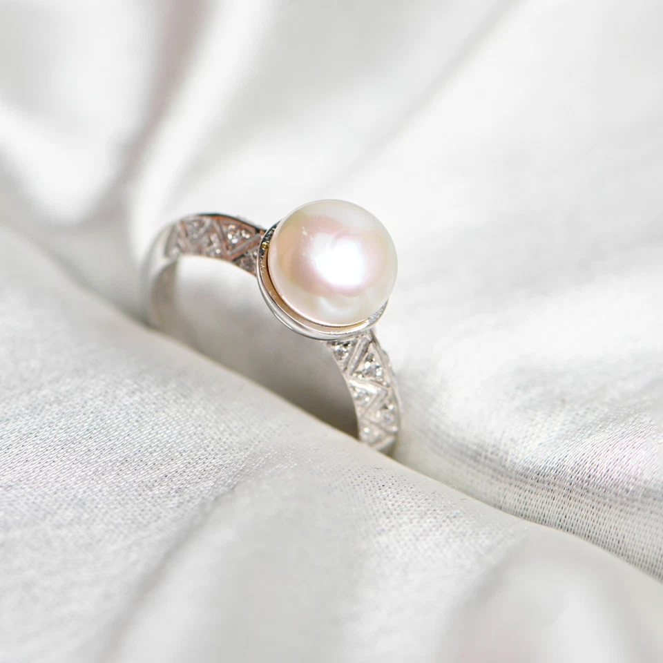 Alianza de compromiso de perlas de plata 925 Art Deco genuino anillo de perlas de boda perlas Foto 4 de 4