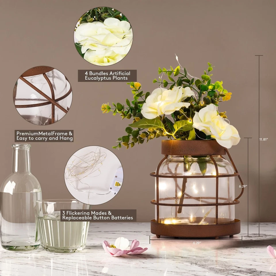 Rustic Home Décor Vase, Artificial Flowers Glass Jar, Farmhouse Décor  - Image 3 of 4