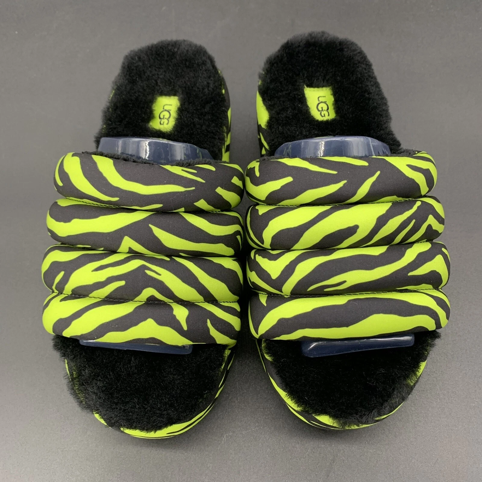 UGG MAXI TIGER SLIDE SANDALO DONNA US 7 VERDE FLUO RASO PLATEAU LANA EUR 38