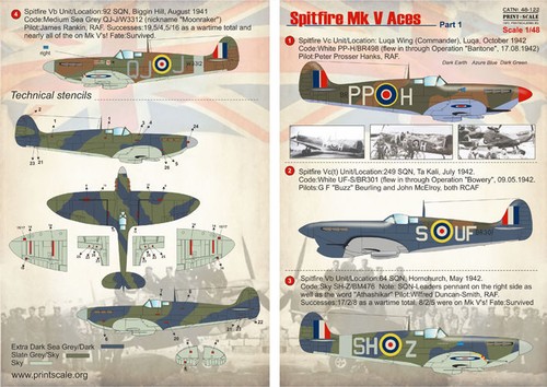 Print Scale 48-122 - 1/48 Decal for Airplane Spitfire Mk V Aces, Part 1 Aircraft - Picture 2 of 12