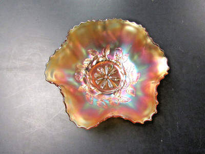 DUGAN Marigold Carnival Glass COSMOS VARIANT Ruffled Bowl 10'' wide &3 1/2'' high