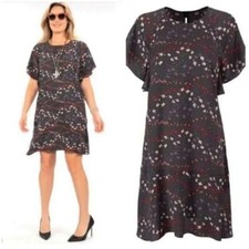 Cabi Floral Print Dress Ruffle Sleeve Flounce Hem Black Multicolor Size M