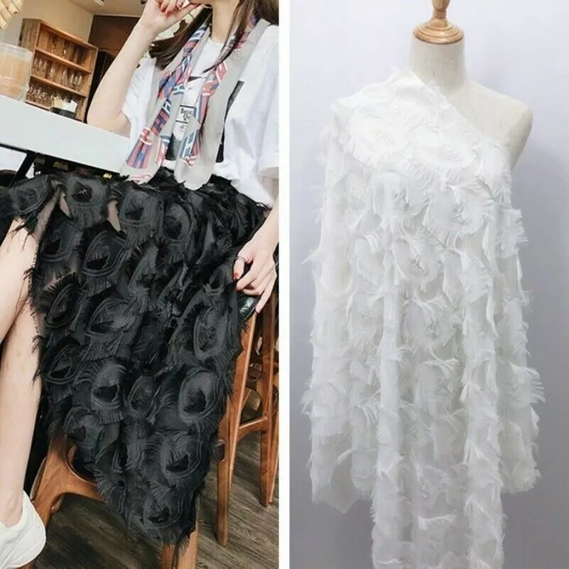 Jacquard Chiffon Fabric Peacock Feather Pattern Tassel Fringe Dress Material Sew