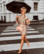 Abito Aperto ricamato Aderente Nudo Pailette Cerimonia Party Sequin Dress S