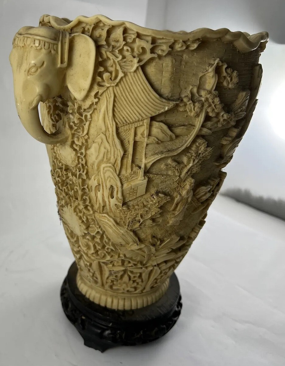 Rare Huge Chinese White Lacquer Asian Scenes Vase With Elephant