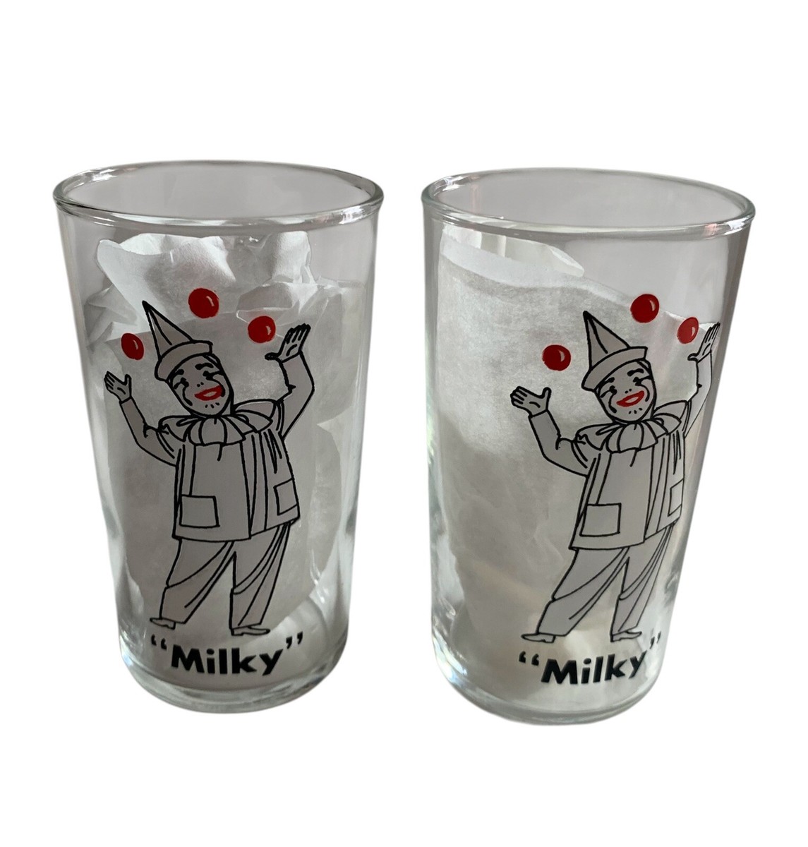 Rare MILKY the CLOWN * Pair 2 Glass DETROIT Public TV Twin Pines