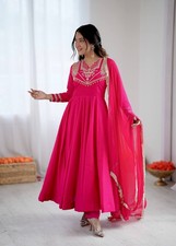 Stylish Look Roman Silk Pink Gown Bottom With Dupatta For Women Function