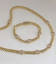 14K Gold Plated Cz Heart Cuban Choker Chain Necklace And Bracelet Set