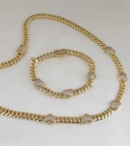 Authentic 14K Gold Plated Cz Heart Cuban Choker Chain Necklace And Bracelet Set