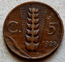 Italy 5-centesimi coin, 1929 KM# 59, copper. King Victorio Emmanuel III. Wheat.