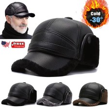 Men's Winter Hat with Visor Warm Earflaps Hat Fully Lined Faux Fur Baseball Cap