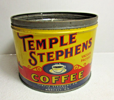 SCARCE 1930's TEMPLE STEPHENS COFFEE TIN ~ MOBERLY MISSOURI MO ~ NICE NO LID