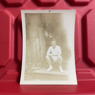 Woman Sitting By A Barn Fading 2 1/2 x 3 1/2 Photograph Vintage 1940s