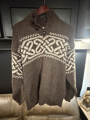 Aran Sweater Market Brown Cable-Knit Wool High Neck Button Pullover Sweater XL