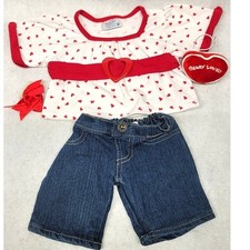 Build A Bear Valentine's Outfit Hearts Shirt Belted Denim Jeans Bows Hearts