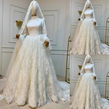 White Muslim Wedding Dresses Lace with Veil High Neck Long Sleeves Bridal Gowns