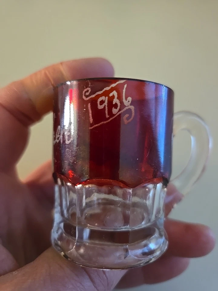 Antique 2 1/4" Ruby Red Flash Cup Tumbler-Father-1936-Clear Bottom - Image 2 of 4