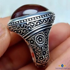 Rare Yemeni Aqeeq Agate Ring Handmade Engraved Artisan 925 Silver Men  s Ring