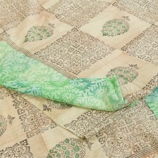 Sanskriti Vintage Saree Cream-Green Pure Crepe Floral Printed Sari 5.5 Yd Fabric