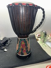Djembe Drum Hand Painted. 15" tall, 7" head With Rope Handle