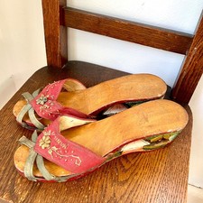 9" WWII Philippines Manila Cloth Wood Shoes Carved Sandals Mules VINTAGE
