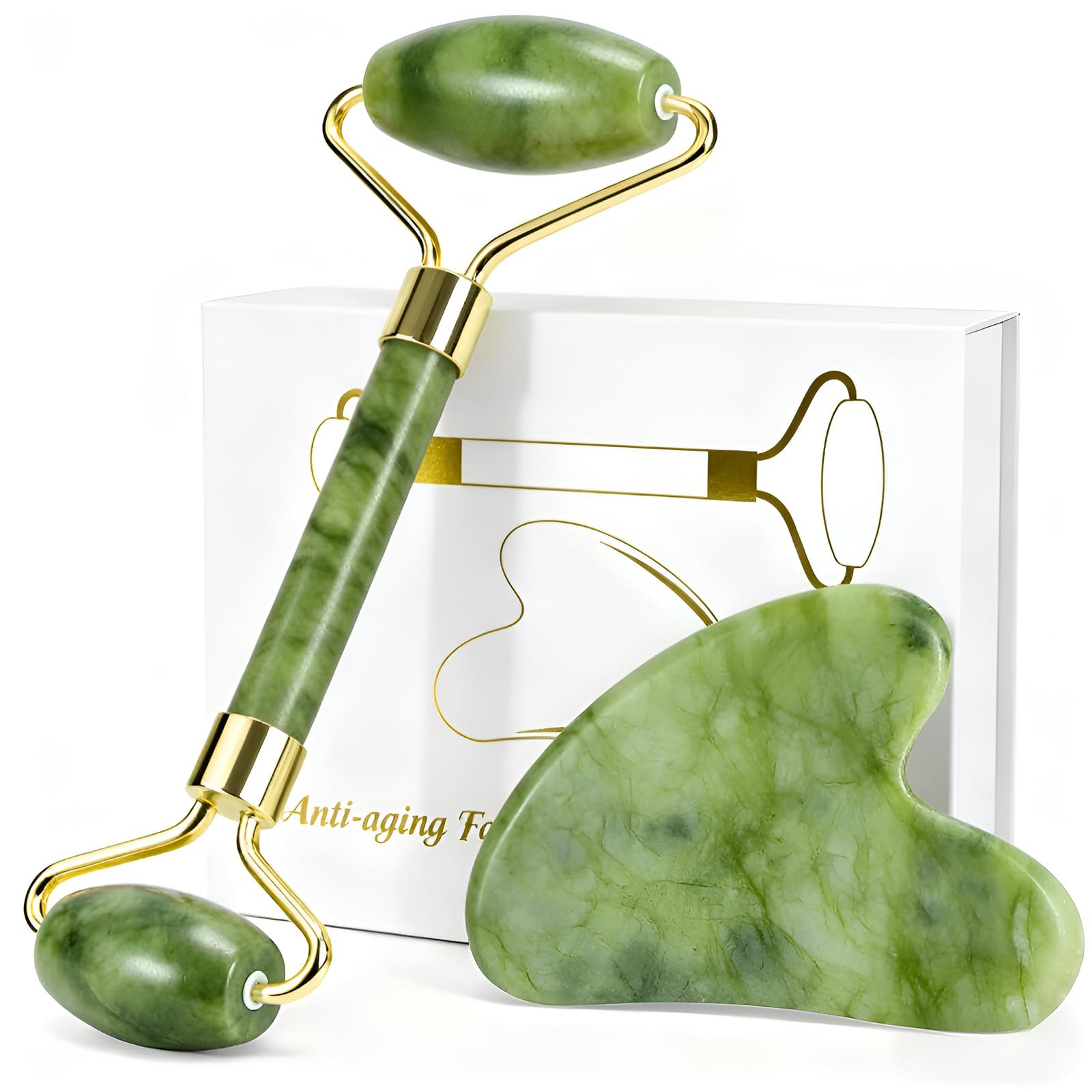 Jade Roller & Gua Sha Set Natural Jade Face Roller Massage Skincare Tools for