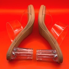 Fashion Women Clear Strap Slide Sandals Lucite Transparent Block Heel Tan 36