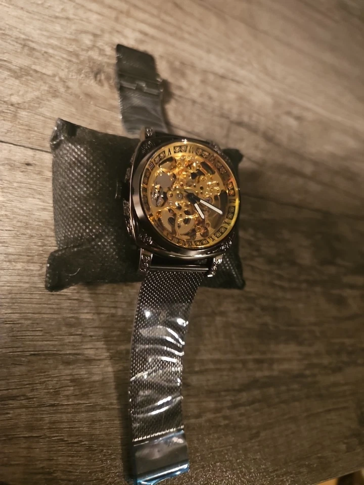 Reloj Esqueleto Automático Mecánico Dorado Unisex Esfera Negra Números Romanos Nuevo Foto 2 de 4