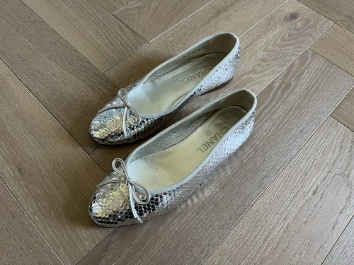 CHANEL Metallic Silver Python Snakeskin Ballerina Flats EU37.5 UK4.5 Womens Shoe