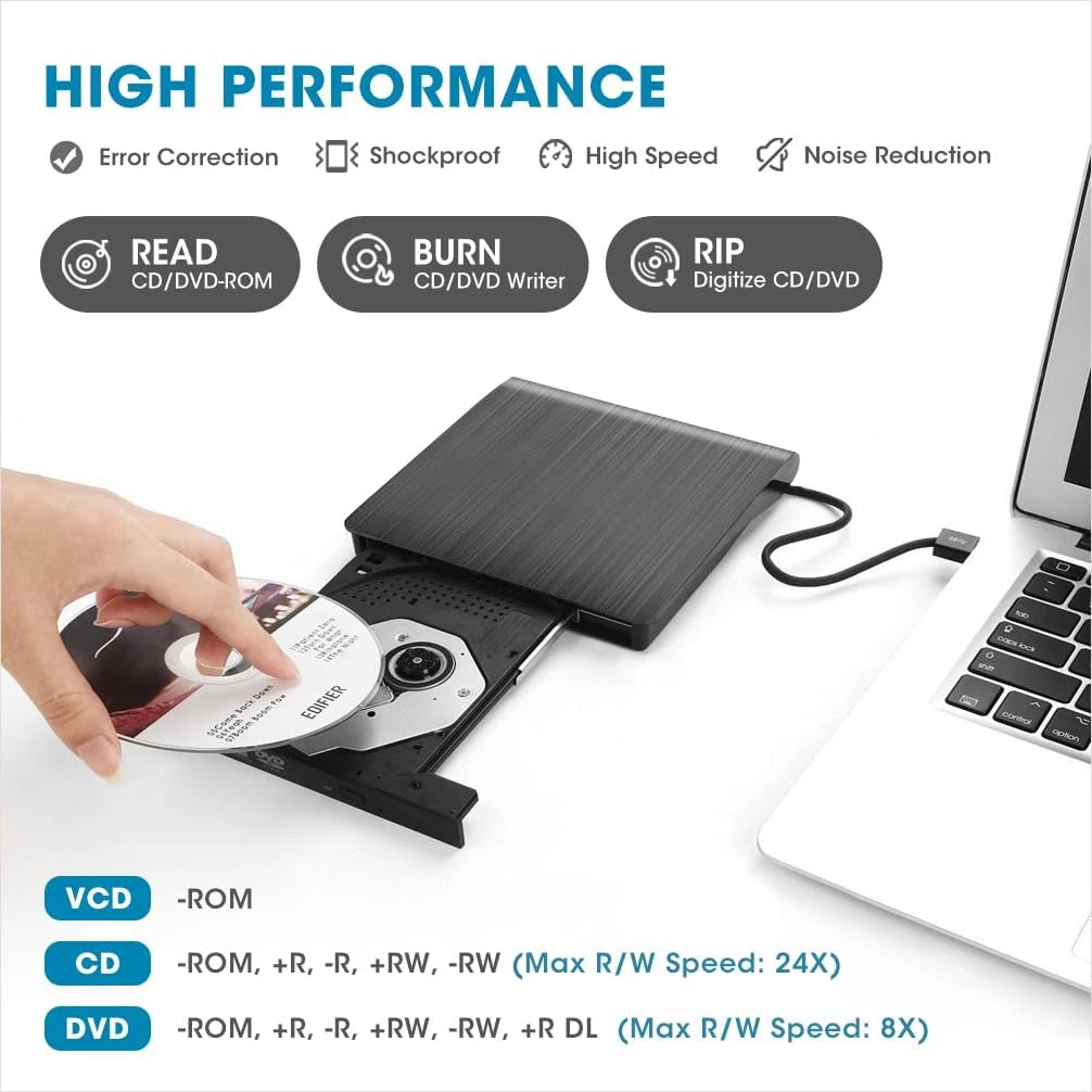 Slim External CD DVD RW Drive USB 3.0 Writer Burner Player Black For Laptop PC