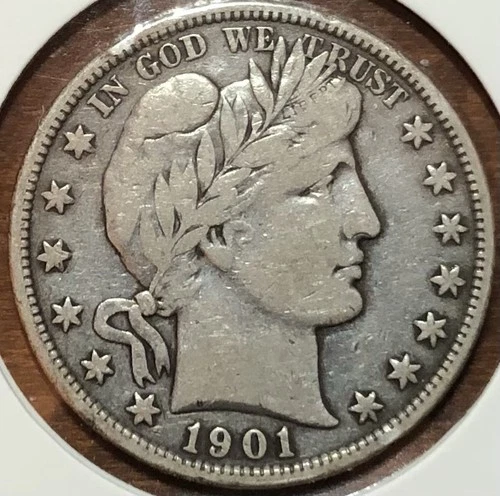 1901 P Barber Liberty Head Half Dollar 50c 90% (0.36169 Tr oz) Silver Very Fine