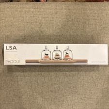 Image of LSA INTERNATIONAL GLASS DOME TRIO & OAK PADDLE TABLEWARE FOOD SERVING SET NEW