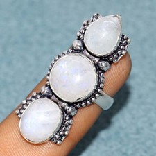 925 Silver Plated Long Rainbow Moonstone Ring US 5.5 Wedding Ready Jewelry JW