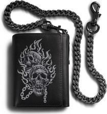Men'S Wallet with Chain Skull Trifold Wallets for Men, Soft Leather Wallet Chain