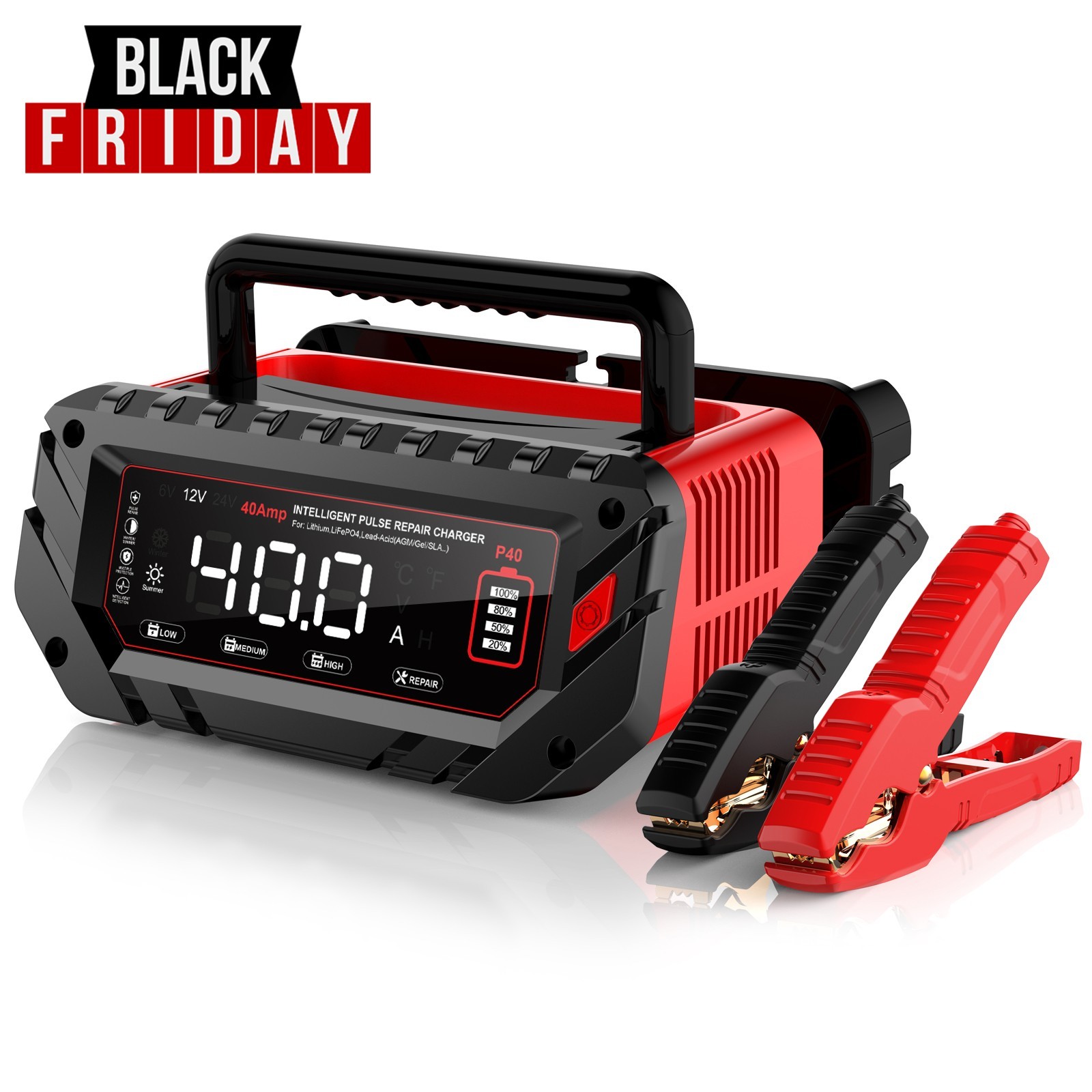 40Amp Battery Charger, 6V/12V/24V Lithium, Lifepo4, Lead Aci