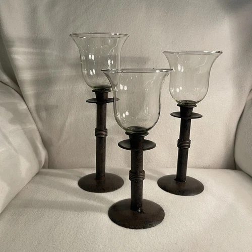 Vtg Rustic Brown Metal & Clear Glass Candle Holders- Set 3  11” 10” 9”