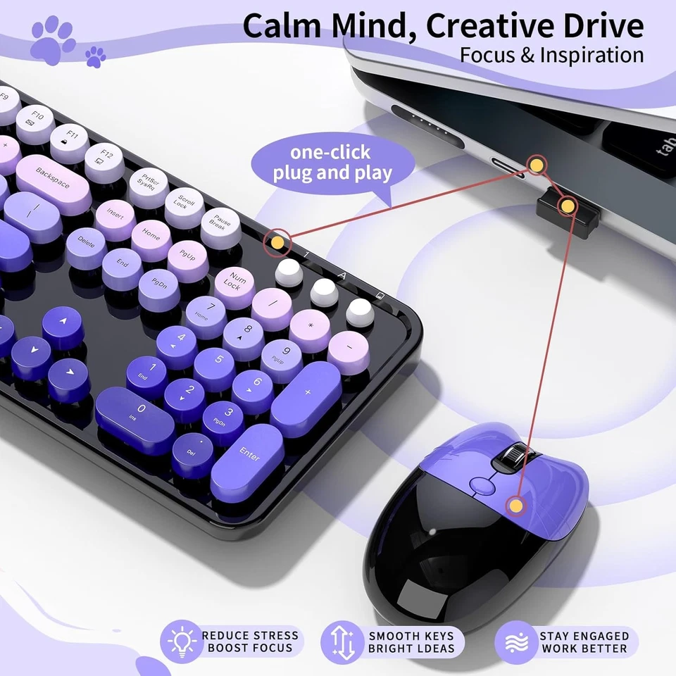  Full-size Wireless Keyboard and Mouse Bundle with OTG & Brush Purple Pink - Image 4 of 4