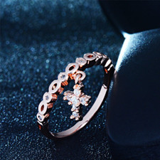 Round Simulated Diamond Christ Cross Minimalist Slim Ring Band Rose Gold Plated