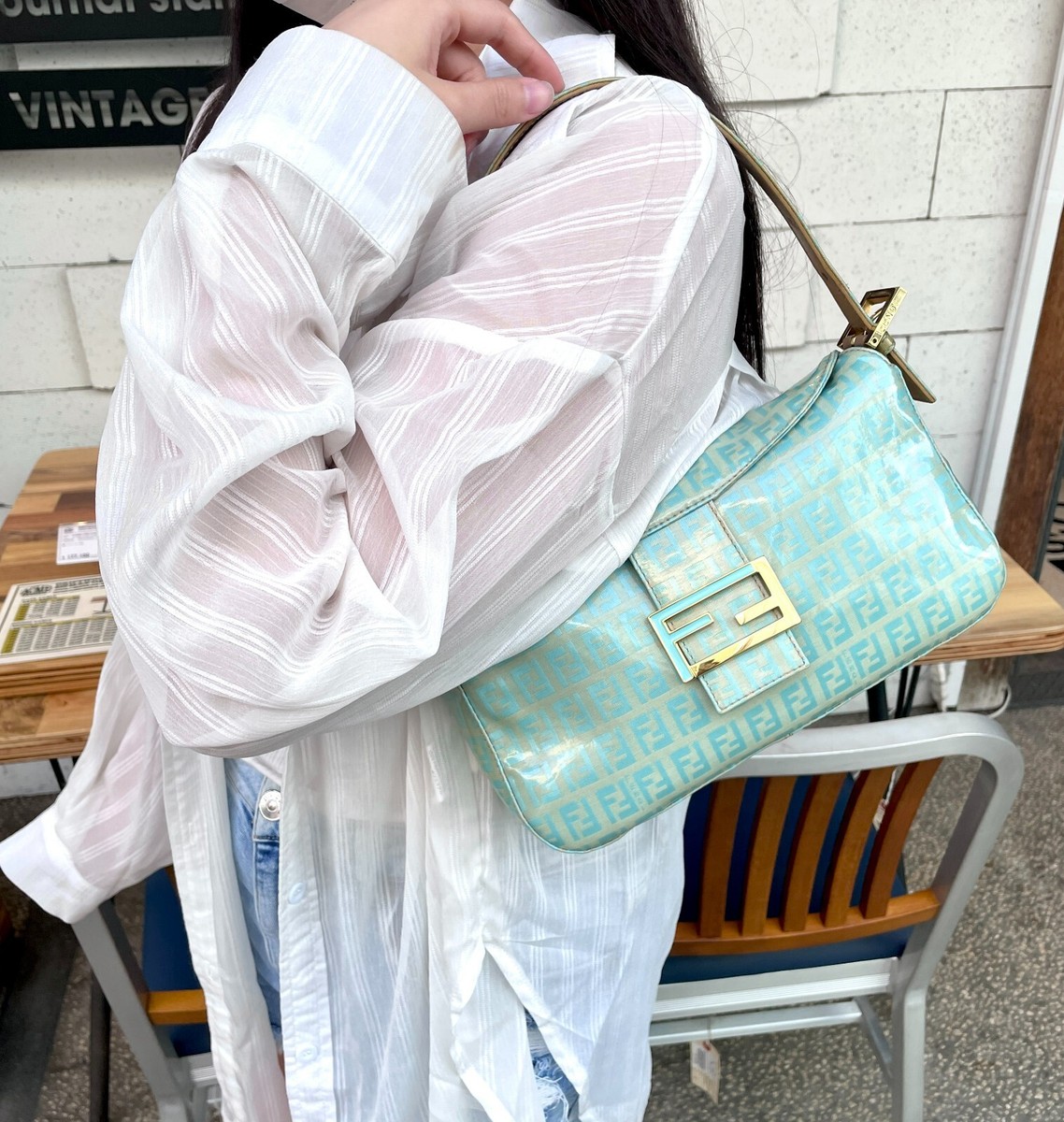 RAREAuth FENDI Zucchino Mamma Baguette Light Blue PVC GHW Vintage 