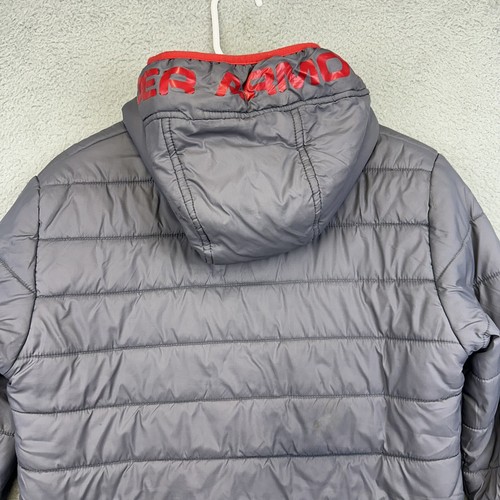 Under Armour Puffer Jacket Youth Large Gray Hooded Full Zip Nylon Gold Gear Hike - Picture 6 of 14