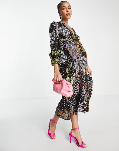 NEW MATERNITY DRESS SIZE 8 3/4 SLEEVE BLACK FLORAL SUMMER WEDDING OPEN BACK - Picture 3 of 12