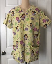 Nick Jr Dora The Explorer Scrub Top Womens Small Yellow Floral Fairy Design