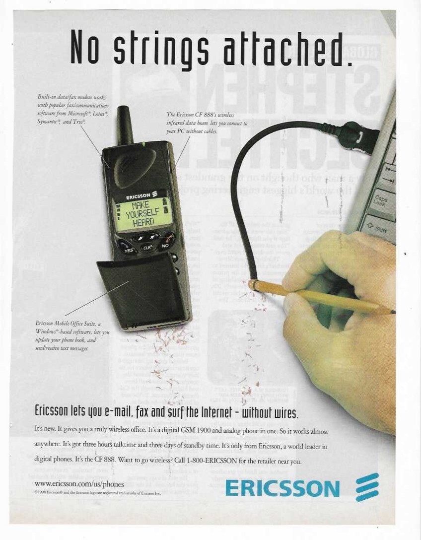 Ericsson Wireless "No Strings Attached" Mobile Phone 1998 Vintage Advertisement