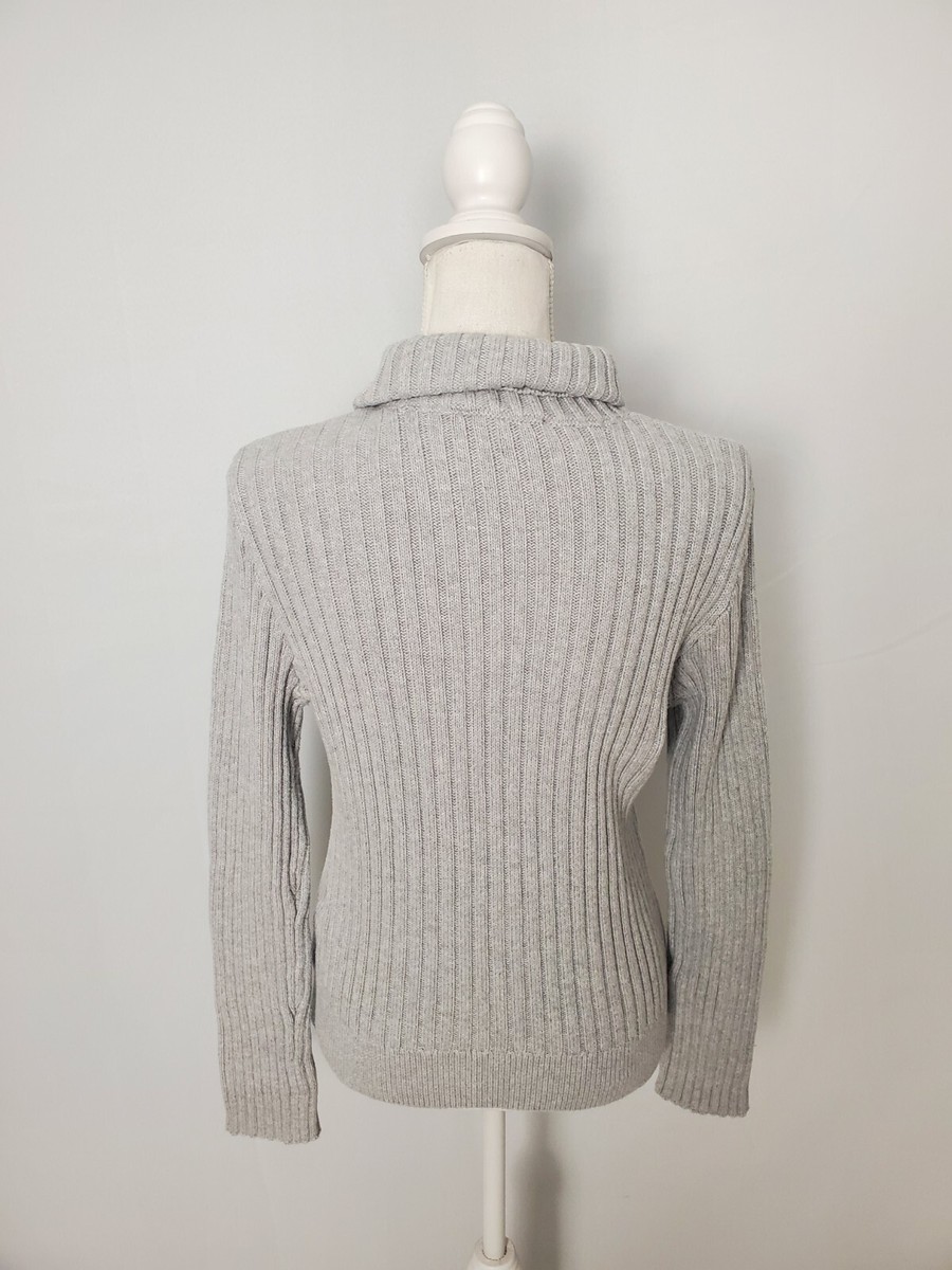DKNY Gray 100% Cotton Turtleneck Sweater Diagonal Fringe Women's