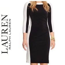 NWT Lauren Ralph Lauren Black and White Ruched Long Sleeve Dress Size 10