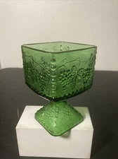 VTG Indiana Forest Green Glass Grapevine Design, Compote Bowl Candy Dish, H-6”