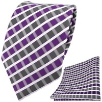 Tigertie Designer Krawatte + Einstecktuch Violett Grau Silber Weiss Gestreift