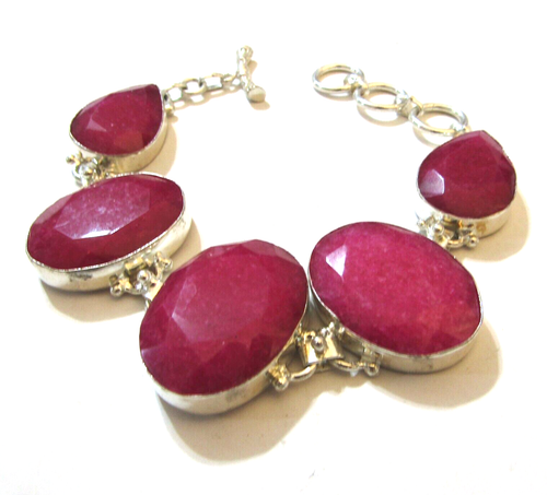 Fuschia Pink Agate Bracelet in 925 Silver Plated 11.25*7.5 to 9 inches