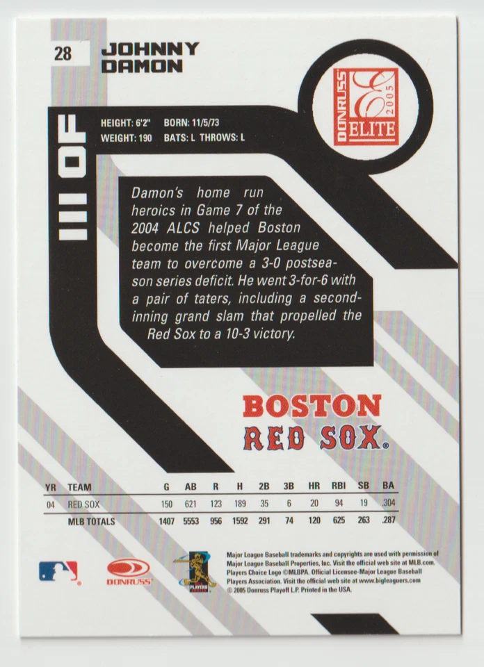 2005 Donruss Elite Baseball #28 Johnny Damon - Boston Red Sox - Image 2 of 2