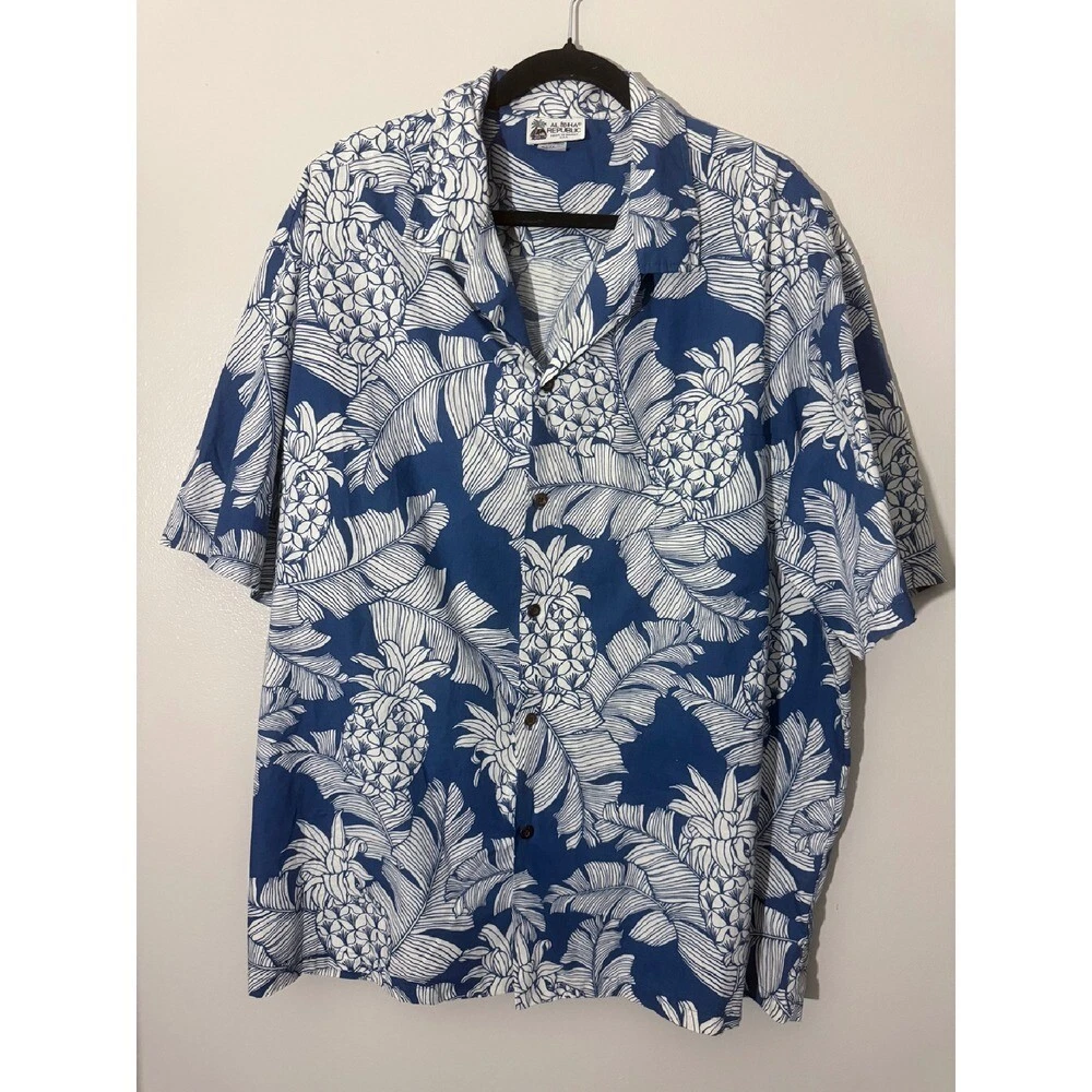 Aloha Republic Hawaiian Shirt Pineapple Print Blue White 2XL